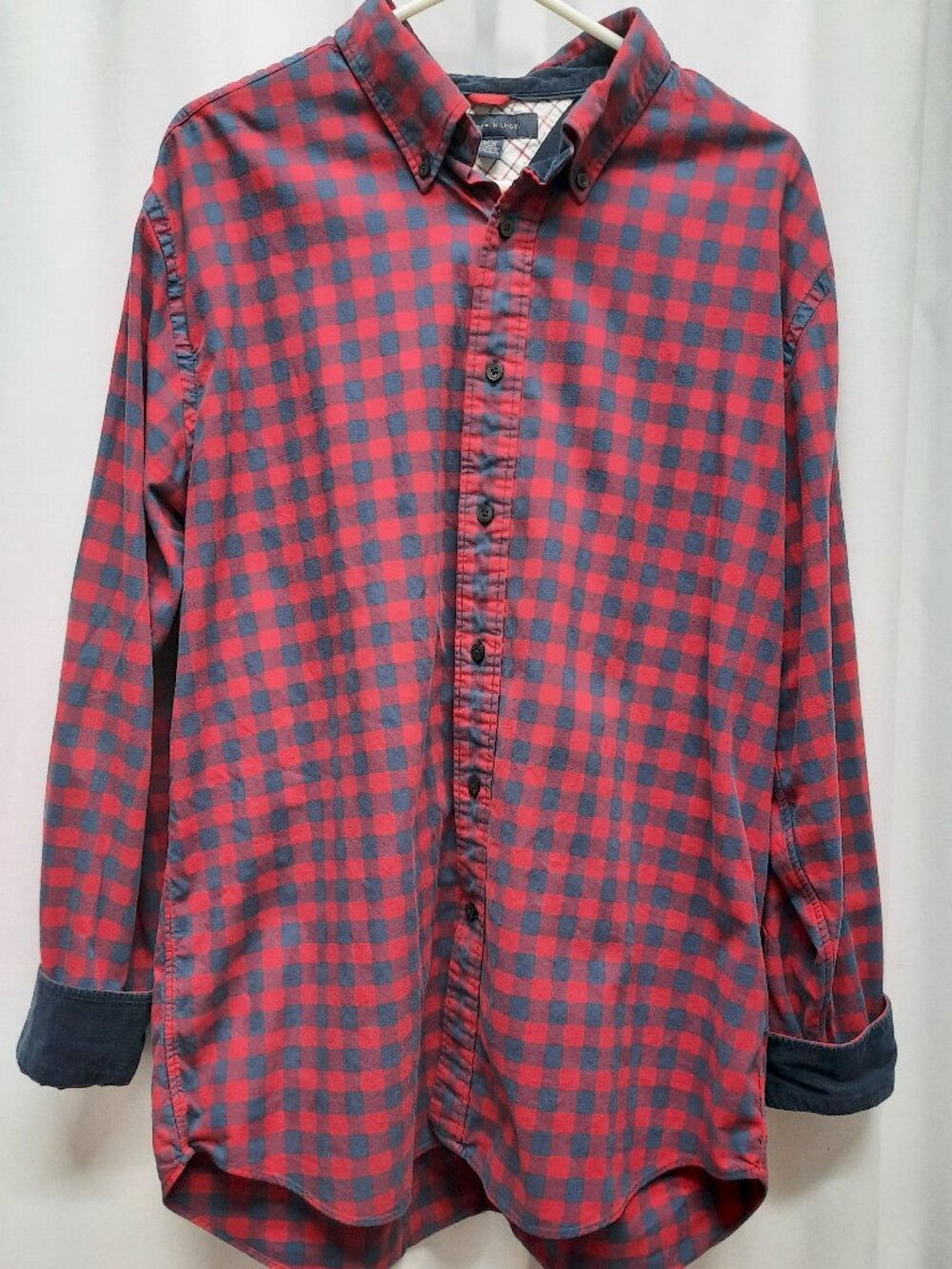 Tommy Hilfiger XL Shirt Red Navy Gingham Check Corduroy Trim Long Sleeve Cotton